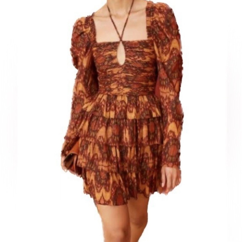 House of Harlow 1960 Burgundy and Cream Ikat Tiered Long-Sleeve Dress